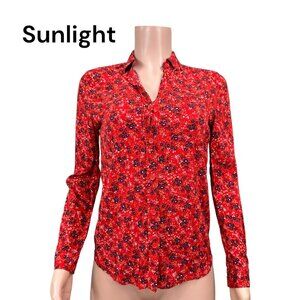 Beach Lunch Lounge Women Red Floral Button Up Top SZ XS Long Sleeve 100% Viscose